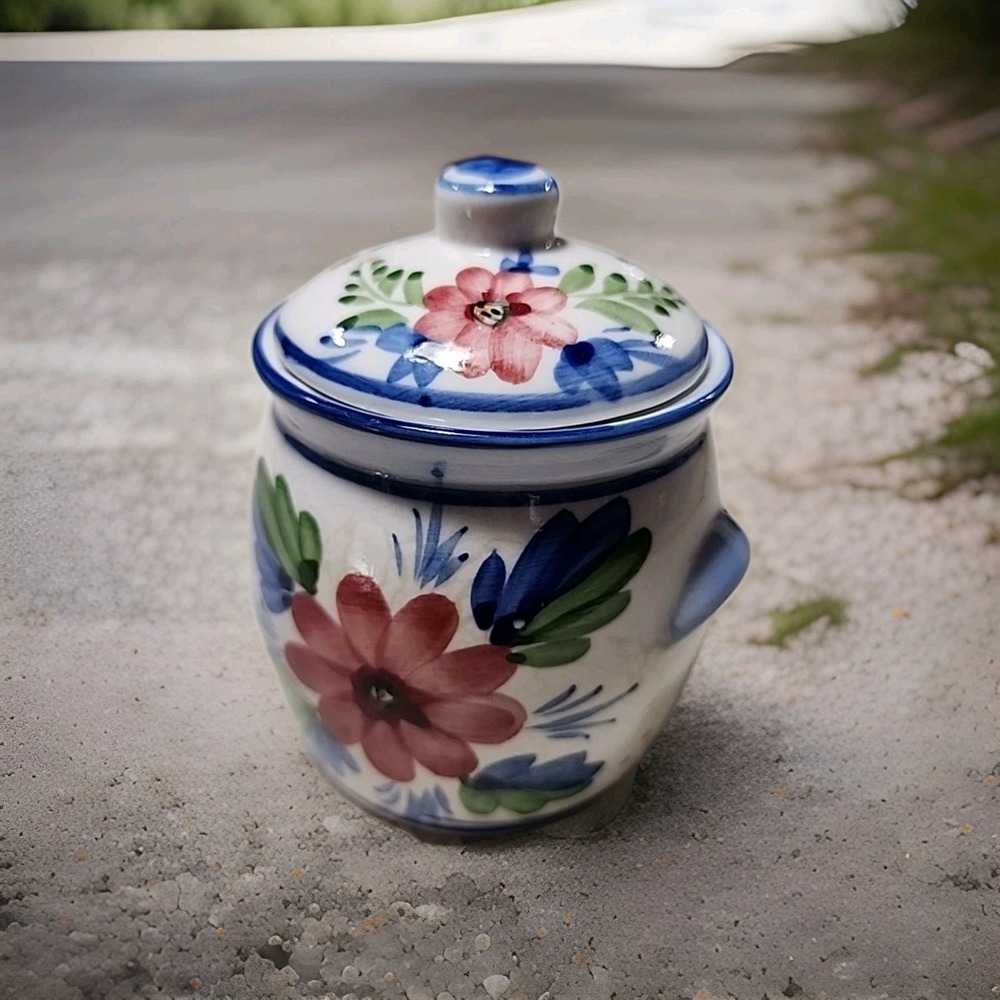 VTG Floral Jar W/Lid Sugar Jam Jelly Porcelain Handpainted Storage Container